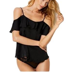 Victoria's Secret Black Satin Off Shoulder Ruffle Camisole Tank Top M